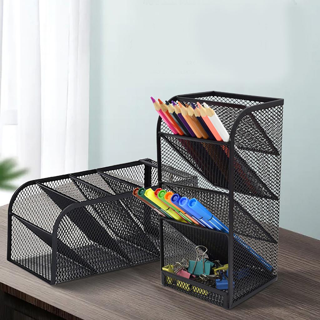 Metal Pen Organizer For Desk Mesh Functional Art Supply Pencil Holder With 5 Compartments For Office Home School Workspace