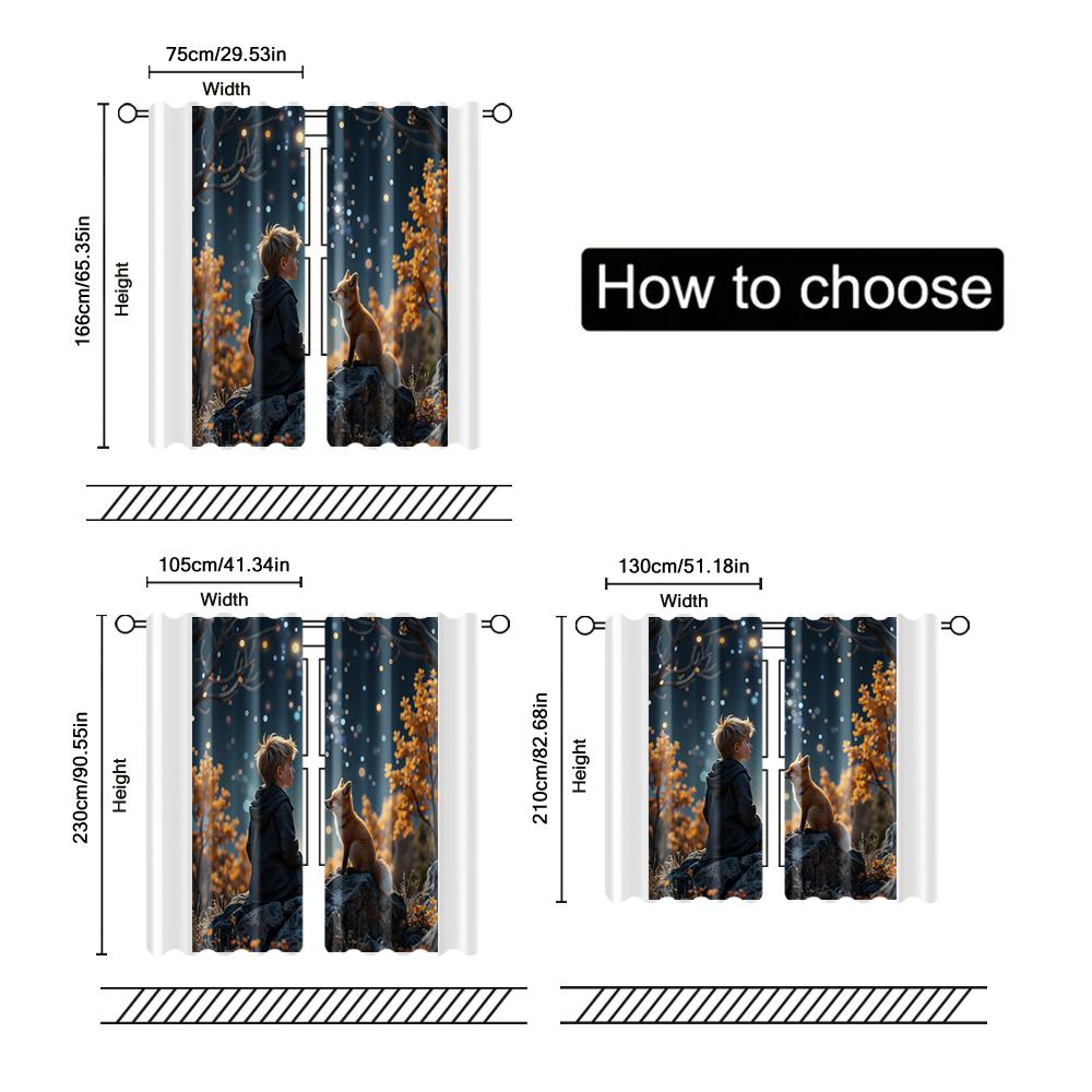 2 Pcs, Filtering Curtains (excluding Rods, Non-movable, Without Batteries) Boy & Little Fox for Use In Bedrooms and Living Rooms