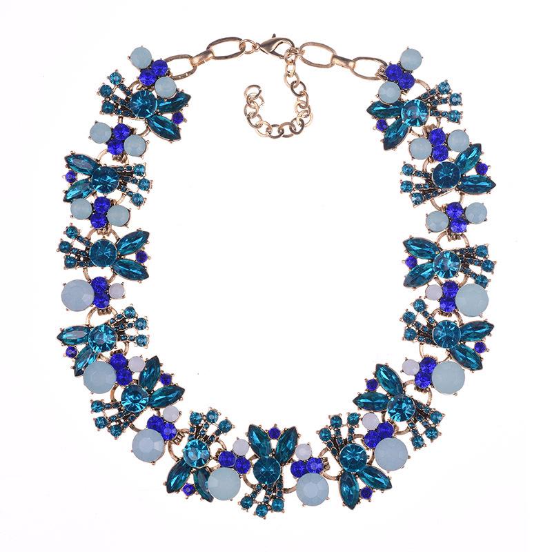 2026 European and American Exaggerated Necklaces, Crystal Flower Necklaces, Accessories 46CM синий