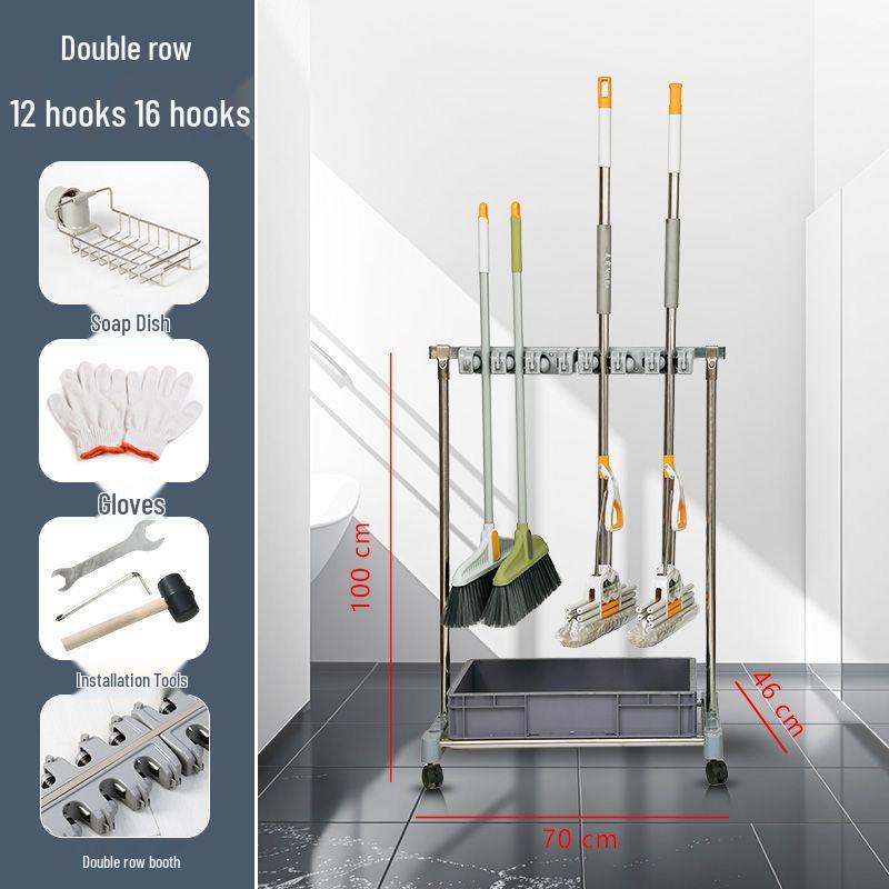 Movable Stainless Steel Mop Storage Rack with Hooks for Floor-Standing Draining in Schools and Factories