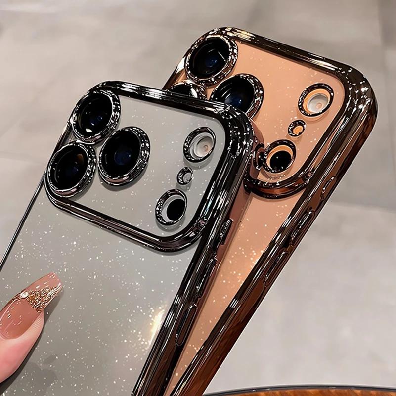 Transparent Glitter Plating Case for For Iphone 16 14 1 17 Pro Max Air 16 Plus 13 12 11 Lens Protector Bling Hard PC Cover