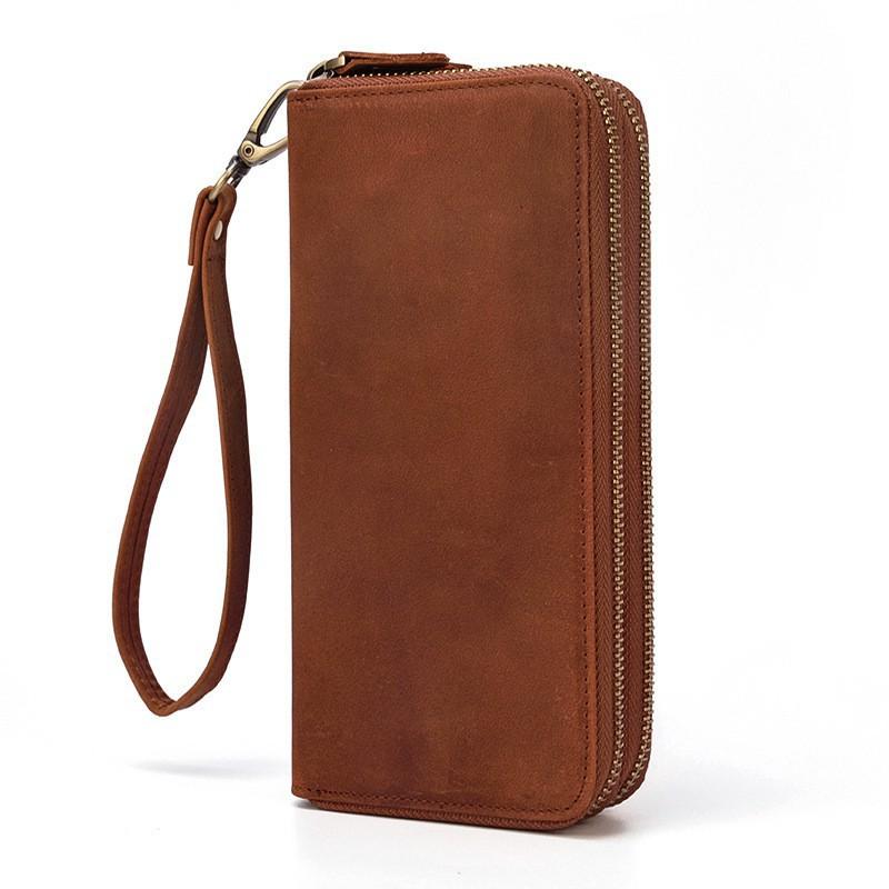 New Crazy Horse Leather Zipper Wallet Genuine Money Clip Layer Cowhide Long Double Men s Handbag 20X10X3 коричневый