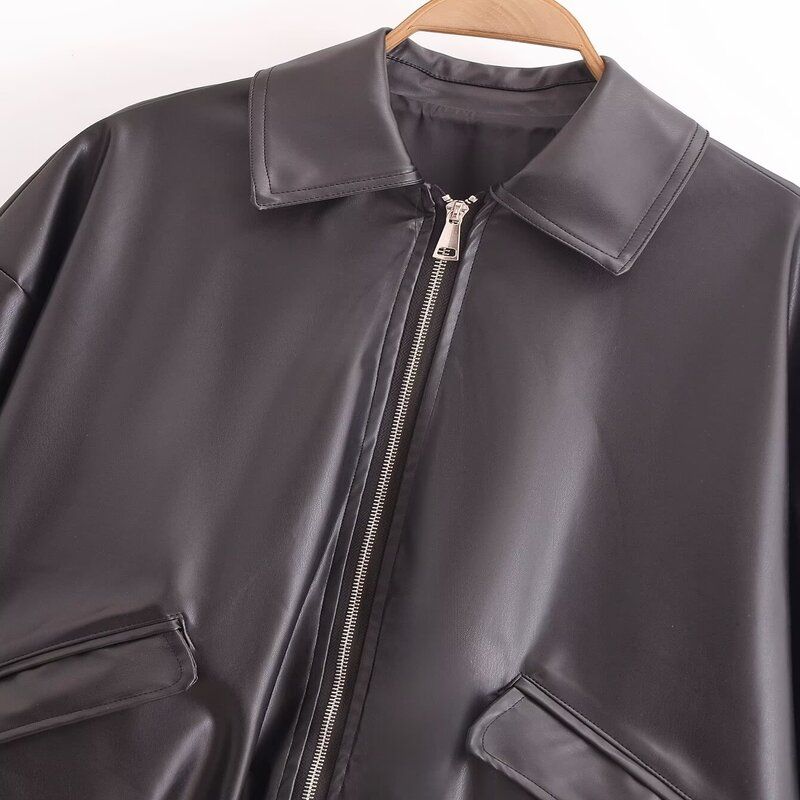 Fashion Style 2024 Fall and Winter New Arrival Female Stylish Easiest for Match Long Sleeves Imitation Leather Loose Jacket Coat 6046376