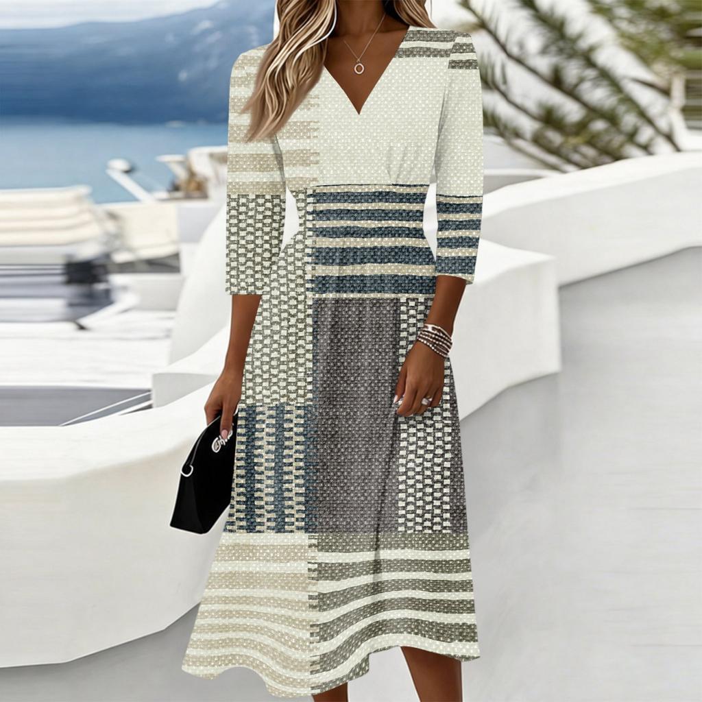 Women's Casual Color V-Neck Three-Quarter Sleeve Back Zipper Dress
