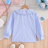 Girls Blue Striped Long Sleeve Shirt Ruffled Collar Blouse with Bow for Kids 5-12 Years Autumn New Children's Clothing