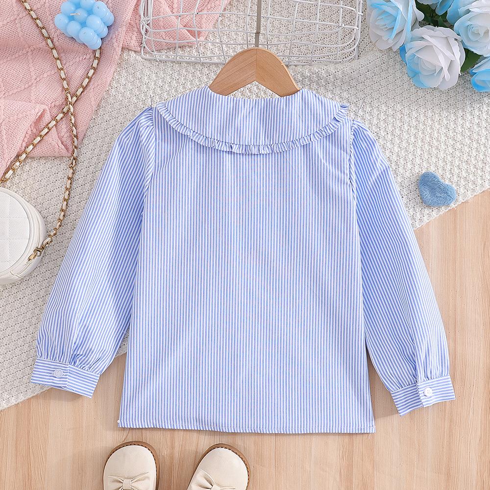 Girls Blue Striped Long Sleeve Shirt Ruffled Collar Blouse with Bow for Kids 5-12 Years Autumn New Children's Clothing
