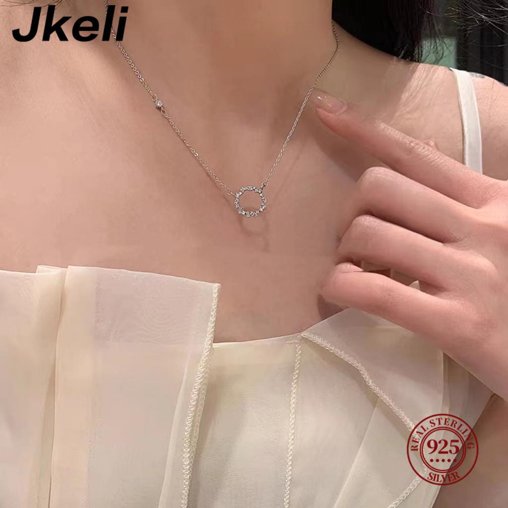 Jkeli -100% S925 Silver Plated Gold Necklace with Full Diamond Circle Style Japanese and Korean K Gold Collar Chain