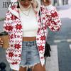 Autumn Winter Women's Loose Hooded Zipper Cardigan with Woolen Print Christmas Style Coat for Women