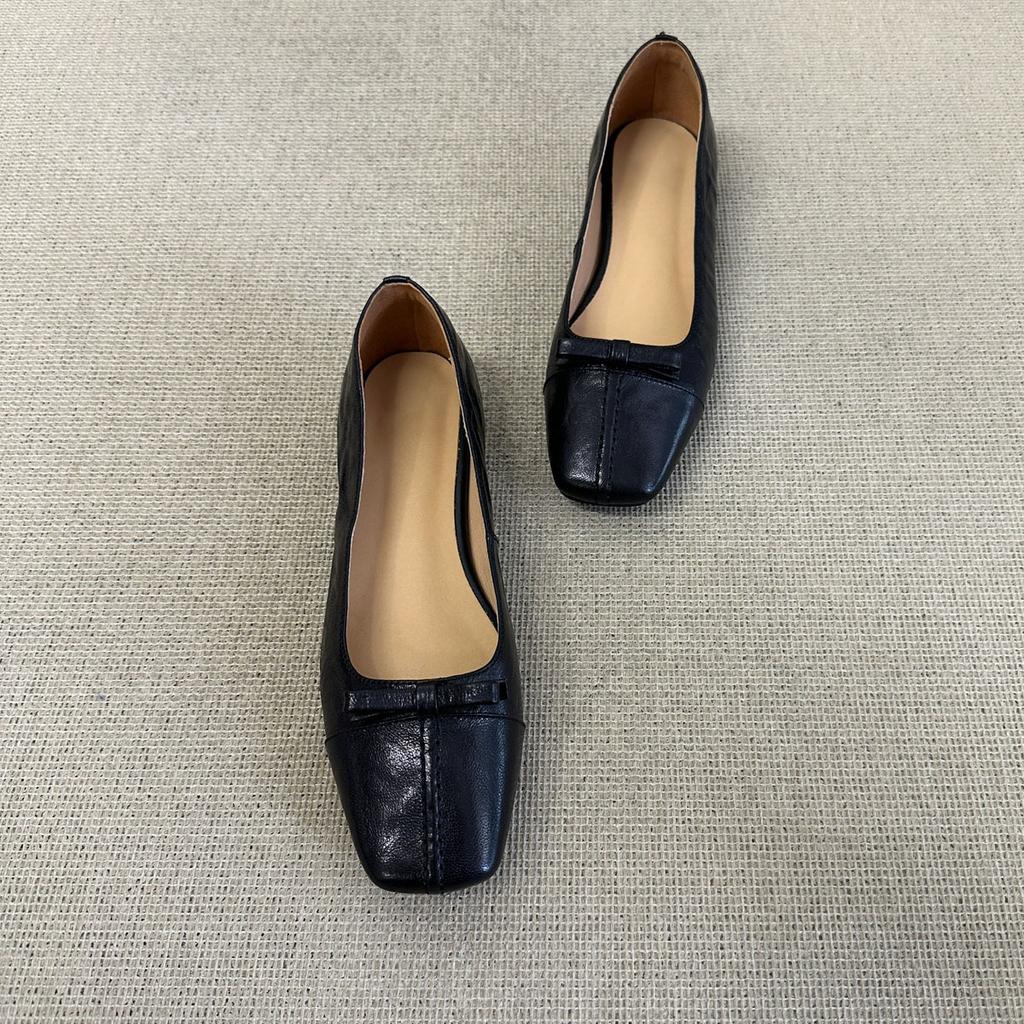 Sheepskin version~ French square head bow flat shoes shallow mouth one pedal single shoes commuter shoes femininity grandma shoes