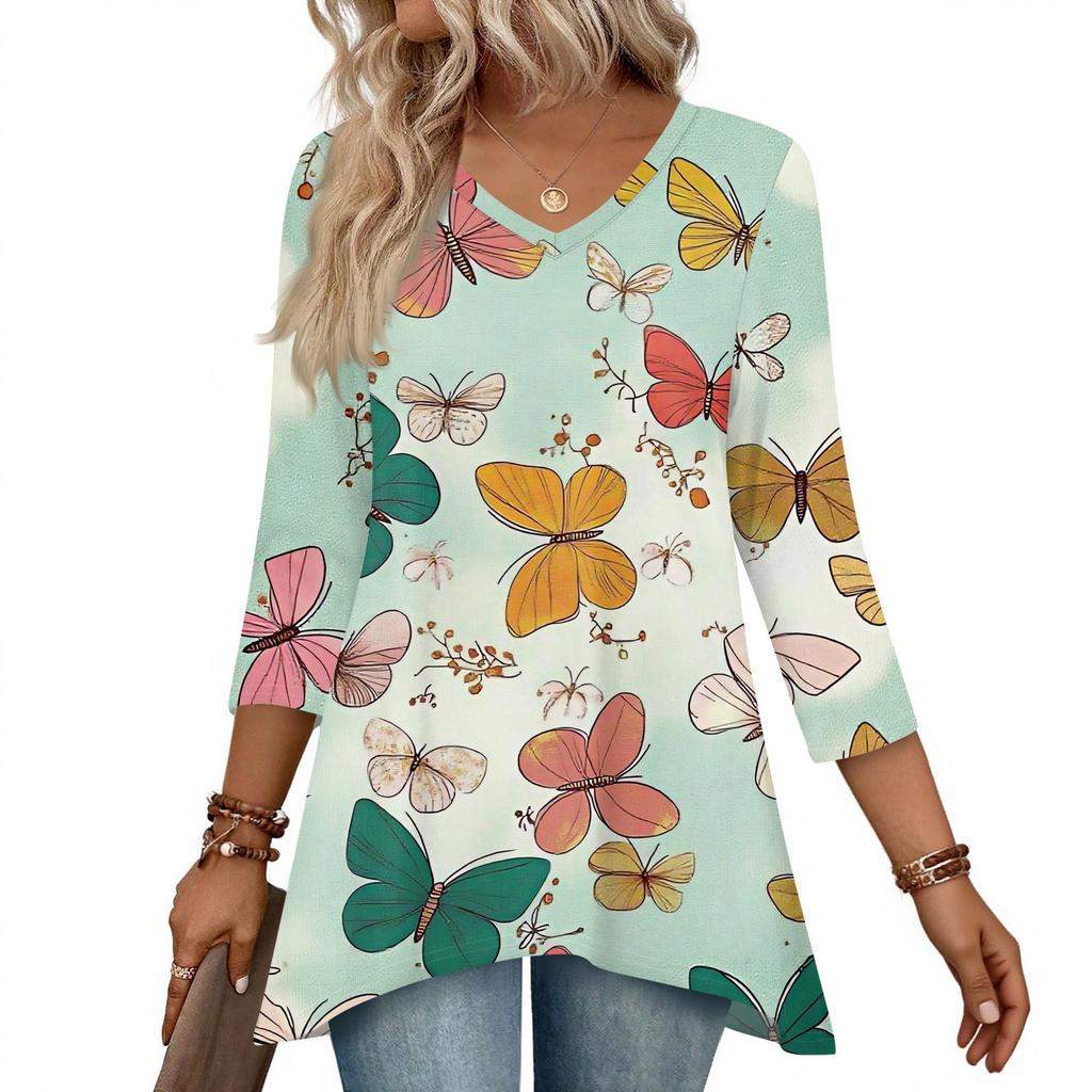 Dámské topy s výstřihem do V a 3/4 rukávem, ležérní košile střední délky, módní tuniky s potiskem