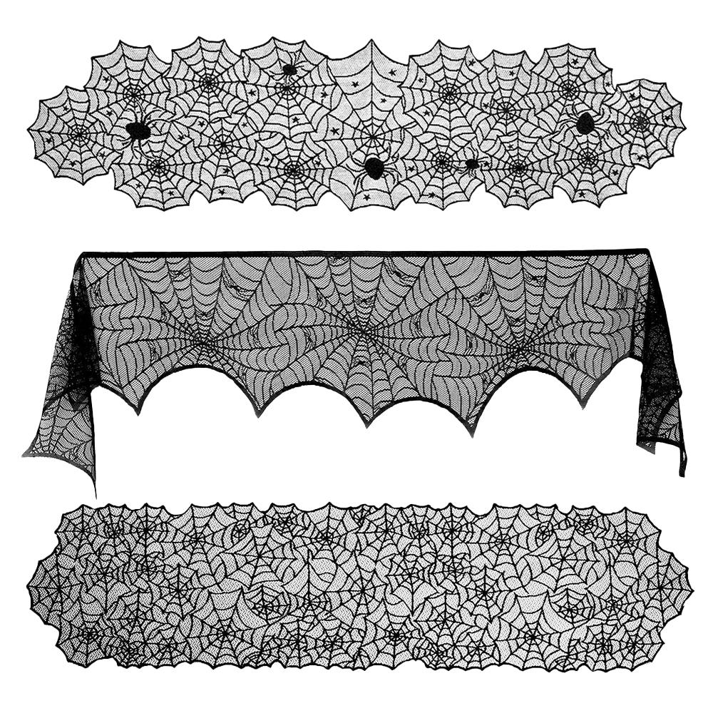 Halloween Black Lace Spider Web Table Runner Fireplace Mantel Scarf Cover Cobweb Tablecloth Scary Event Party Decorations Supply