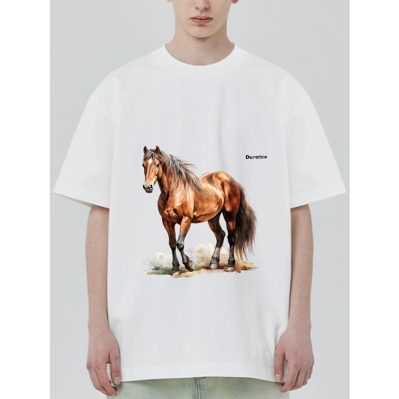 Men's Oversized T-Shirt Black Horse Print and Text Casual Wear