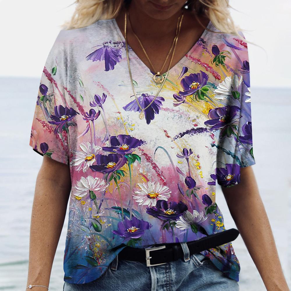 Summer V-neck 3D Flower Butterfly Printed Top Fashionable Casual Short Sleeved Women's T-shirts