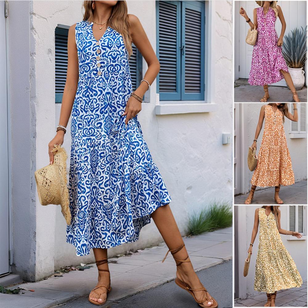 Women's V Neck Sleeveless Midi Dress Loose Fit Elastic Waist Casual Floral Print Tiered Vacation Dress