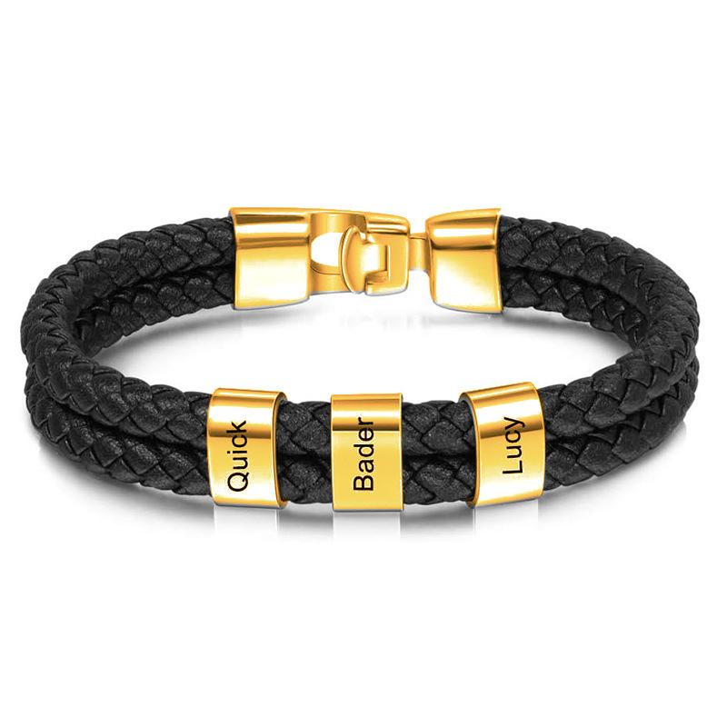 Custom Family Names Beads Bracelet Men Personalized Engraved Bracelets Black Leather Stainless Steel Bracelet Father's Day gift