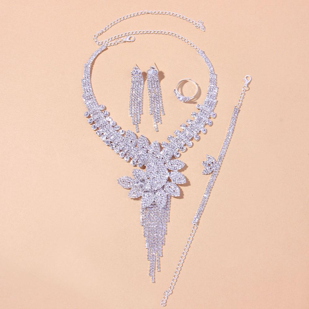 Luxury Flowers Rhinestone Bridal Jewelry Sets for Women Christmas Accessories Necklace Bracelet Earring Ring Set Gift
