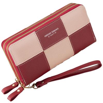 Women's Checkered, Plaid, Checkerboard, Two-Tone, Colorful Wallet with Double Zipper, Coin Purse, Card Slots, Multi-Function, Large Capacity (Red)
