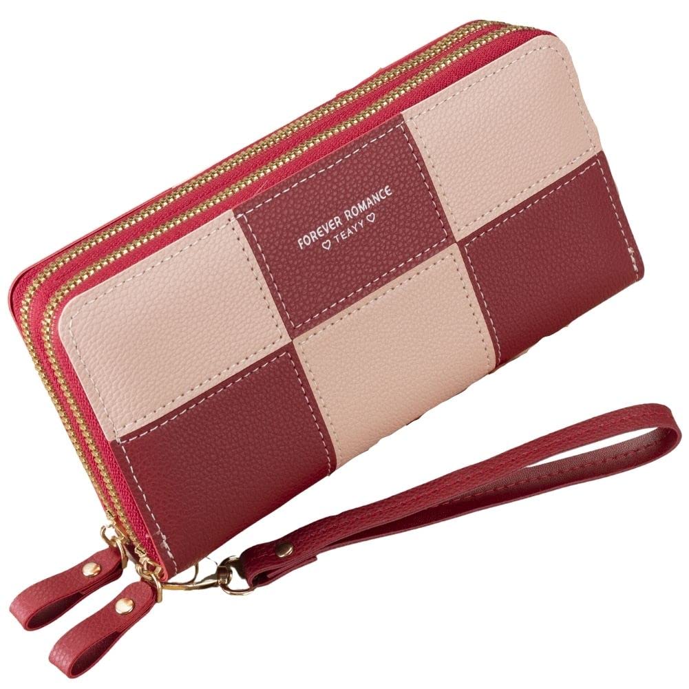 

Women s Checkered, Plaid, Checkerboard, Two-Tone, Colorful Wallet with Double Zipper, Coin Purse, Card Slots, Multi-Function, Large Capacity (Red)