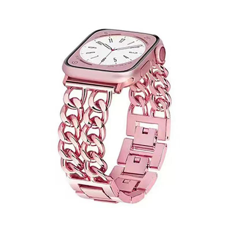 Compatible with Samsung Watch 5/6/7/8 & 7 Ultra, Stylish Metal and Denim Chain Double-Row Watch Strap for Huawei 3/4/5/6.