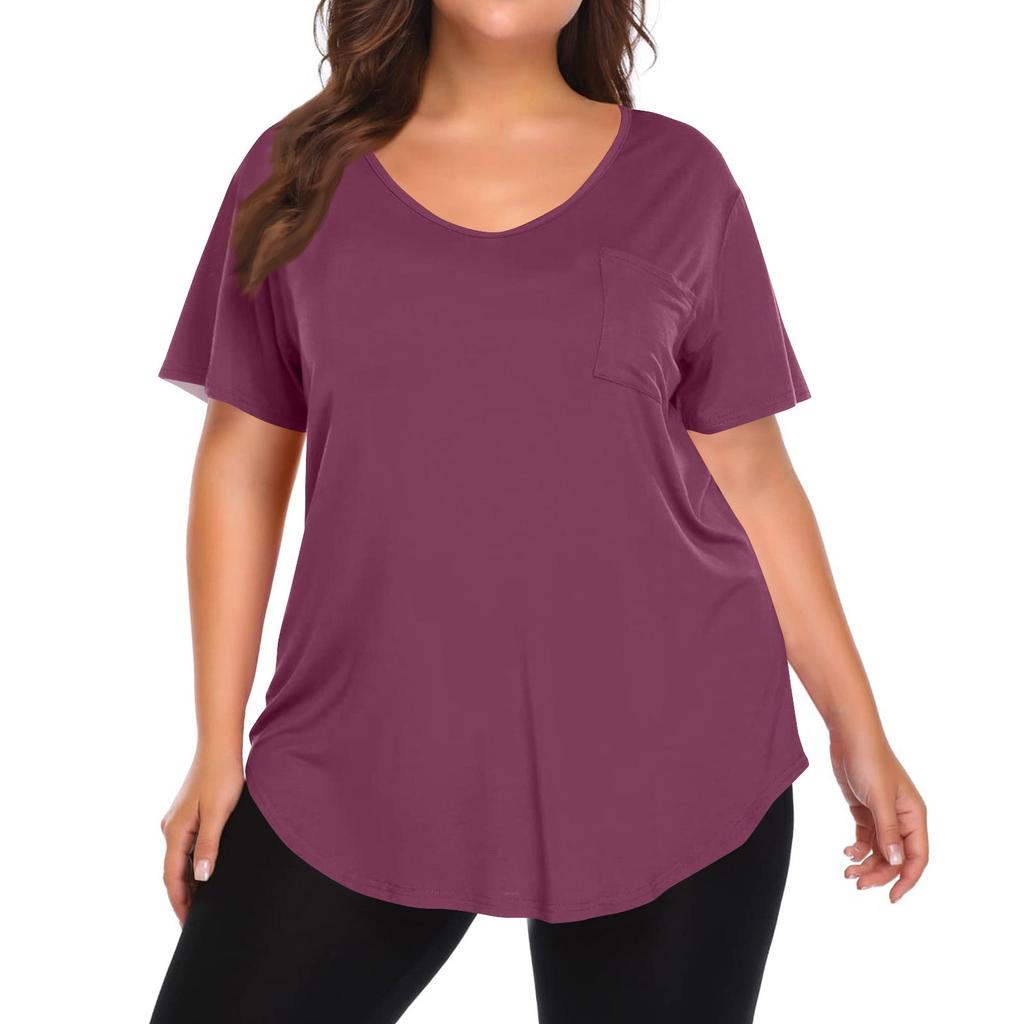 Women's Solid Color Large Size V-neck Top Loose Pocket T-shirt