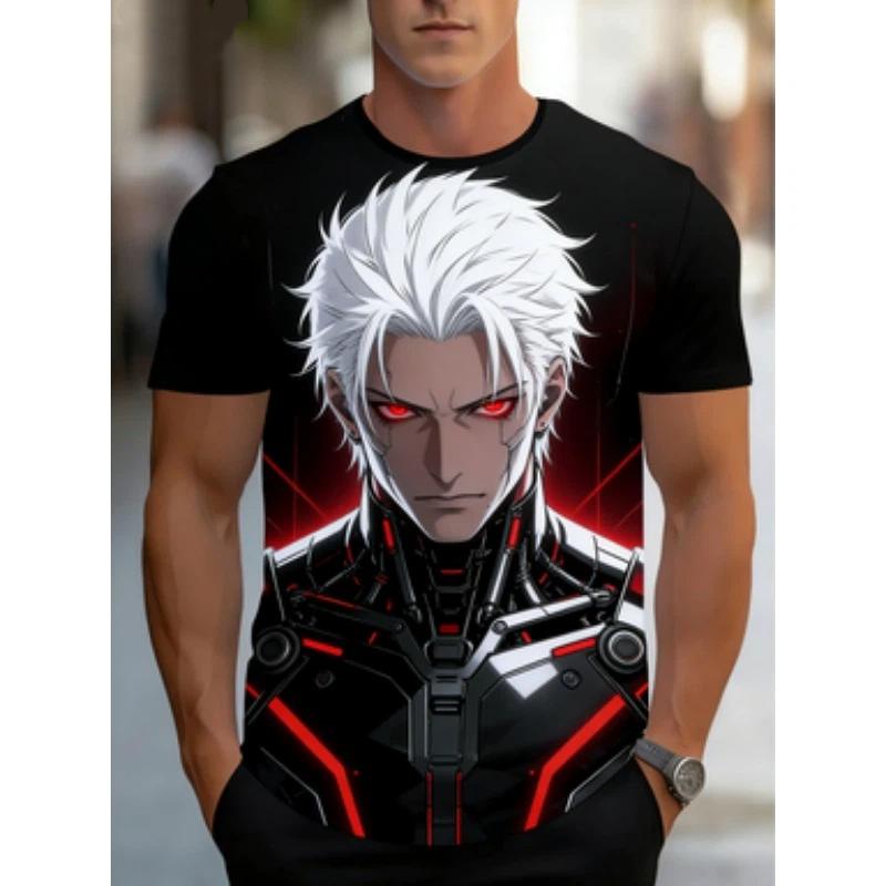 Herren-T-Shirt mit Aufdruck - leicht und atmungsaktiv, rot-weißes Anime-Comic-Kunstmuster, Rundhalsausschnitt, kurzärmlig, Sommer-Top