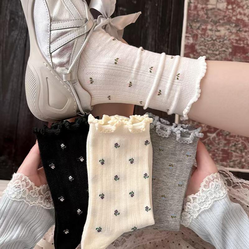 Spring 2026 Floral Mesh Breathable Cotton Socks for Women - Japanese Style, Seamless with Bubble Cuff, Mid-High Tube