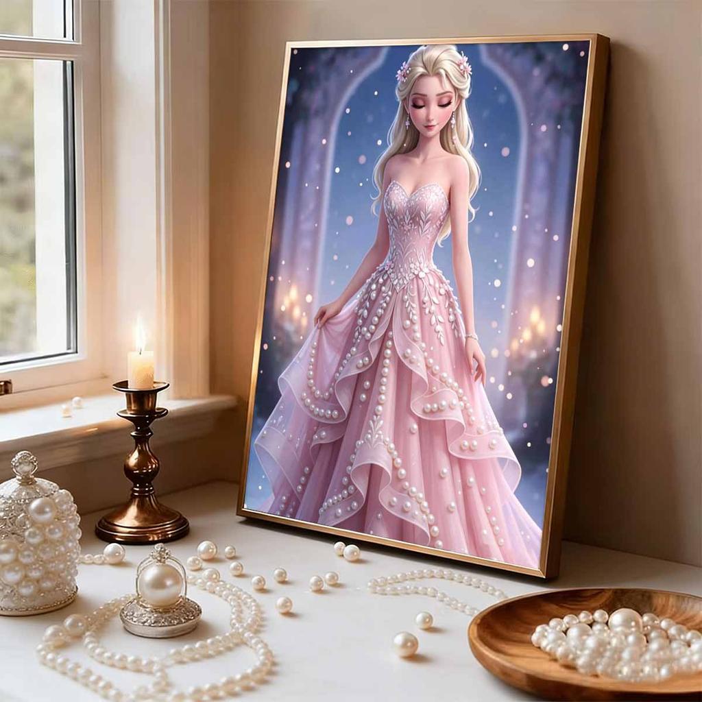 Pink Gown Starry Elsa New Pearl-Inlaid Frameless Art | Handmade Pearl Craft, Starry Arch & Candlelight Theme, for Romantic Luxury Decor
