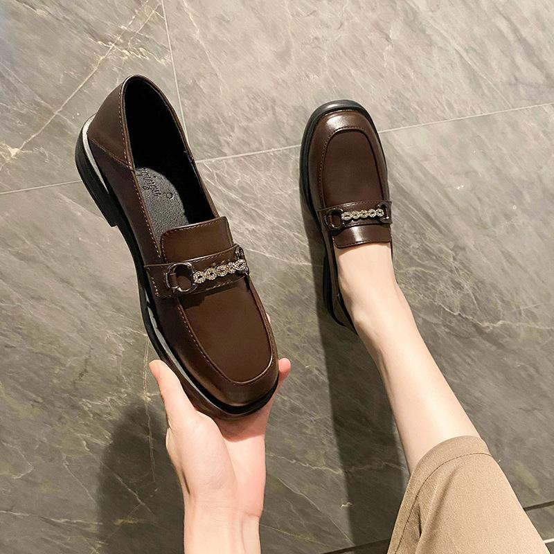 42/43 Plus Size Crystal Chain Derby Shoes Women Loafers Square Toe Flats British Small Leather Shoes Woman Thick Heels Oxfords