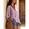 Women V Neck 3/4 Sleeve Linen Cotton Blouse Loose Casual Solid Color Summer Tops