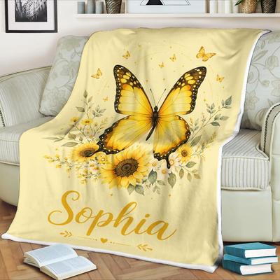 Personalized Butterfly Fleece Blanket, Sunflower Name Gift for Her, Cozy Floral Throw, Birthday Present, Sophia Keepsake