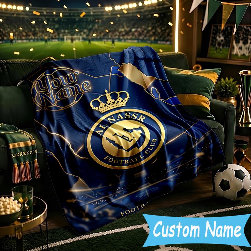 Custom Name Al Nassr Football Club Crest Flannel Blanket, Use for Birthday/Holiday Gift, Soft Blanket for Sofa/Bed/Camping/Office, Home Decor