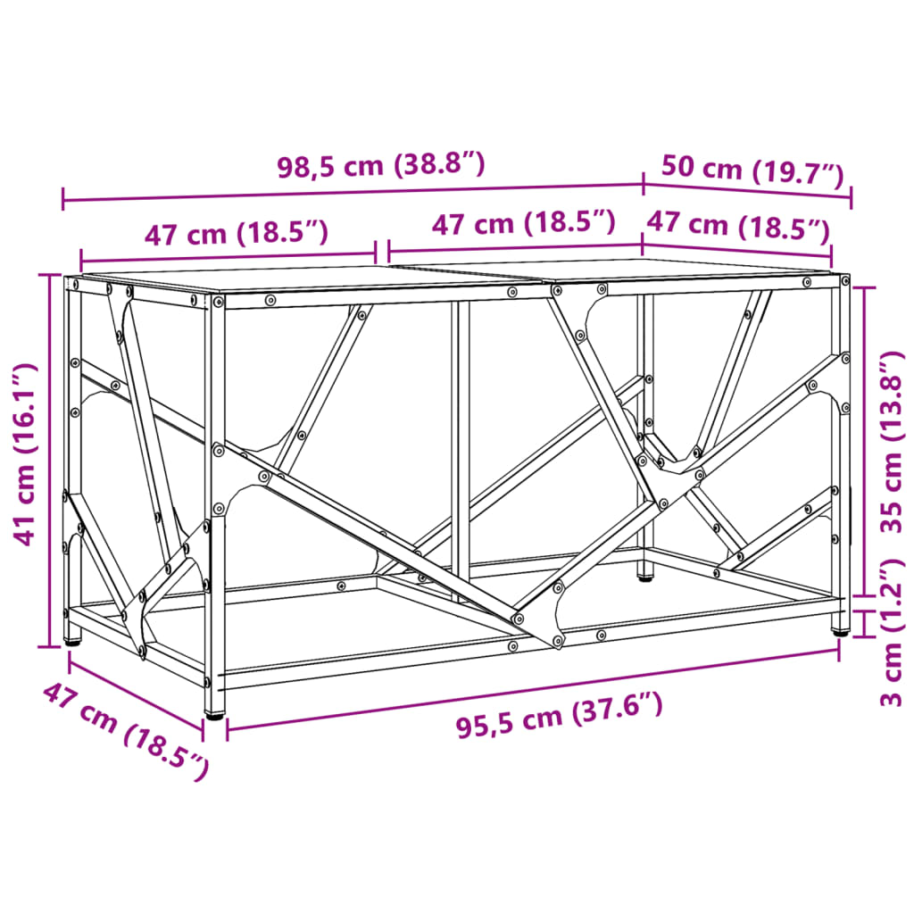 Coffee Table with Glass Top, 98.5x50x41 Cm, Steel