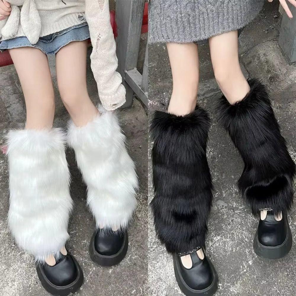 1pair Solid Color Faux Fur Leg Warmers Thick Long Fuzzy Foot Covers Warm Knee Sleeve  Winter Season