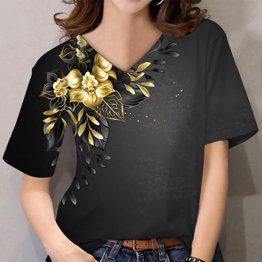 3D Floral Print Women Short Sleeve Tops V Neck Summer Lovers Couples T Shirt