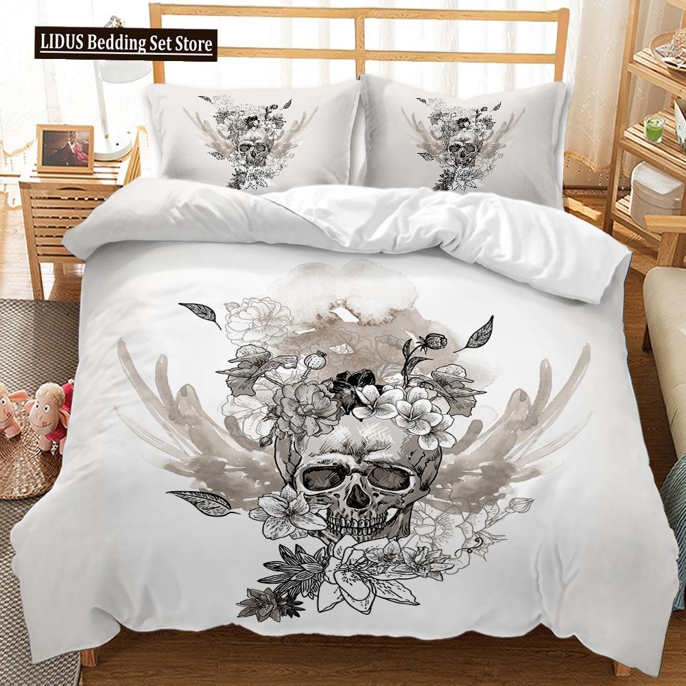3D Skull Duvet Cover Set, Gothic Skull Bedding Sets,Skull Skeleton Comforter Cover Full Queen Size,Halloween Horror Quilt Cover