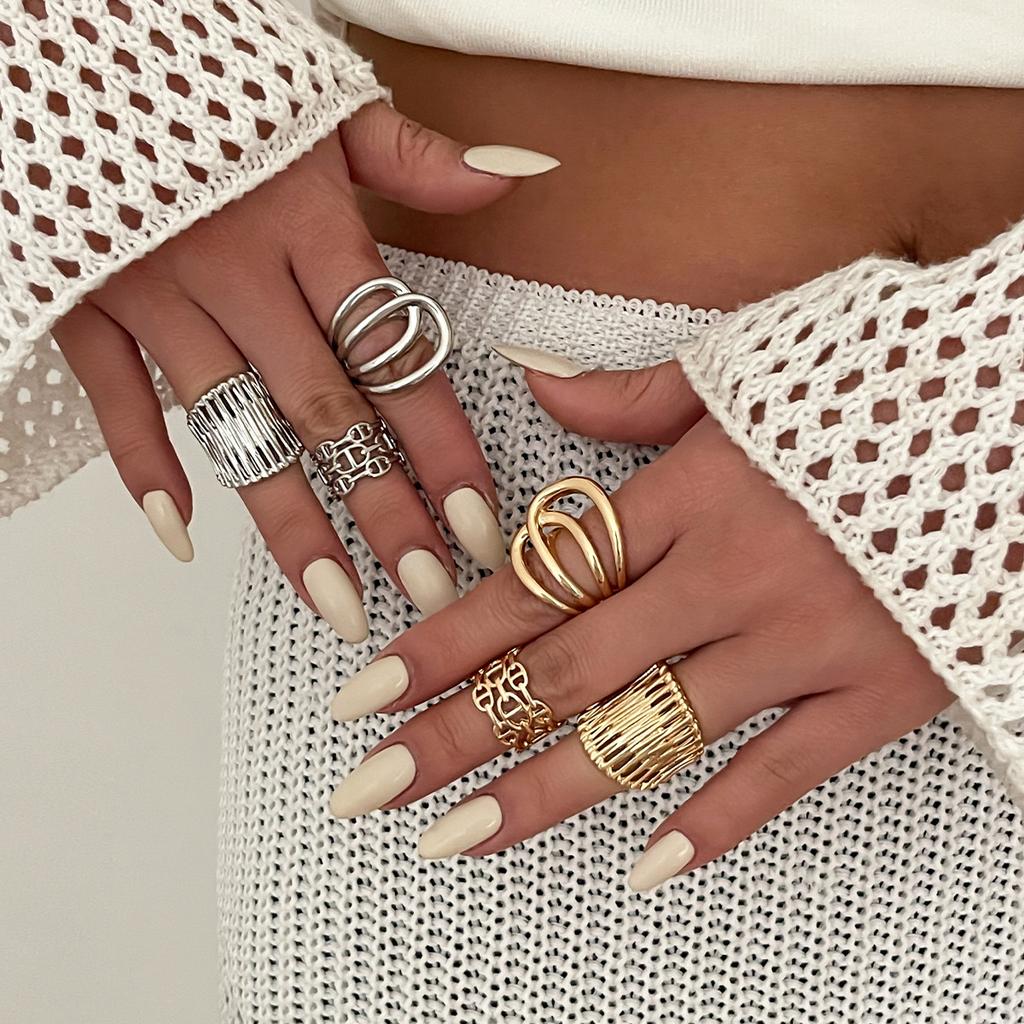 Exaggerated Large Pearl Metal Geometric Wide-Sided Ring, Personalized Line Smooth Joint Ring Ring