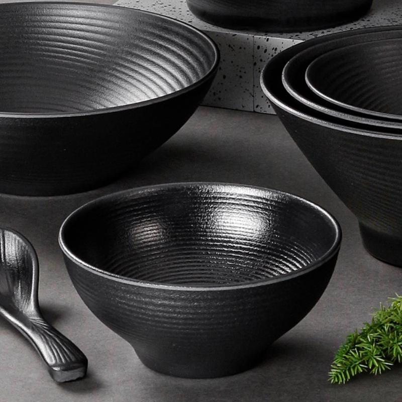 Restaurant Melamine Tableware, Soup Bowls, Noodle Bowls, Threaded Frosted Black Plastic Bowls, Thick and Large Capacity