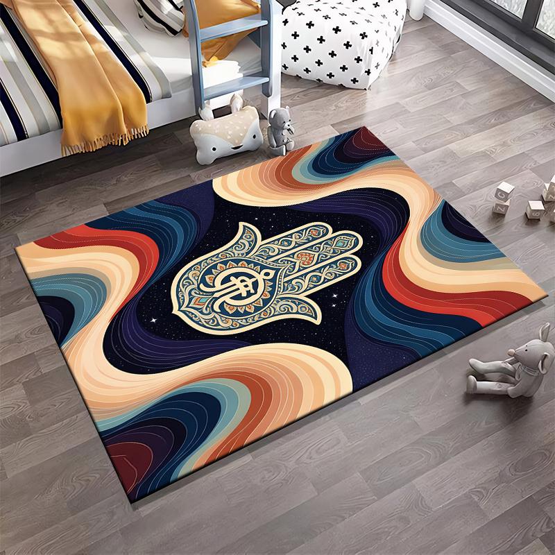 Colorful Abstract Carpet with Hamsa Hand Symbol and Wavy Patterns Suitable for use as an anti-slip for living room bedroom sofas