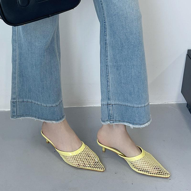 Mode Damen Spitzschuh Damen Niedriger Absatz Pumps Pantoletten Schuhe Flaches Schuhwerk Mode Mesh Damen Absatz Mules Schuhe Große Größe 43