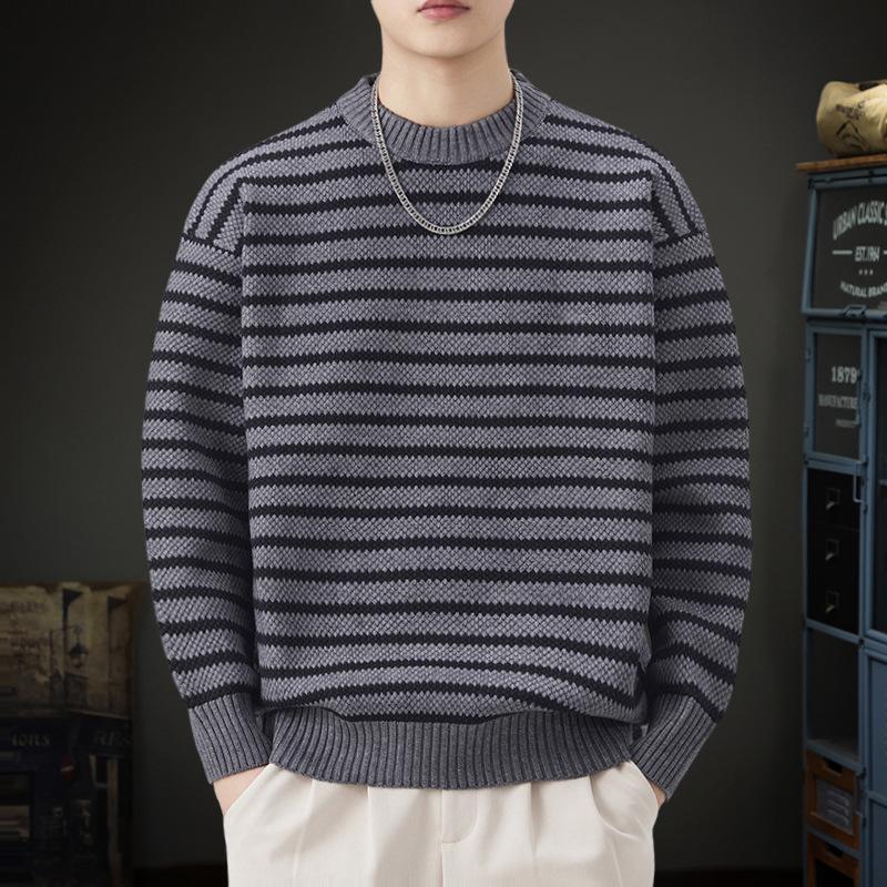 2025 Men's Striped Heavy Gauge Sweater: Autumn/Winter Long Sleeve Knit Base Layer