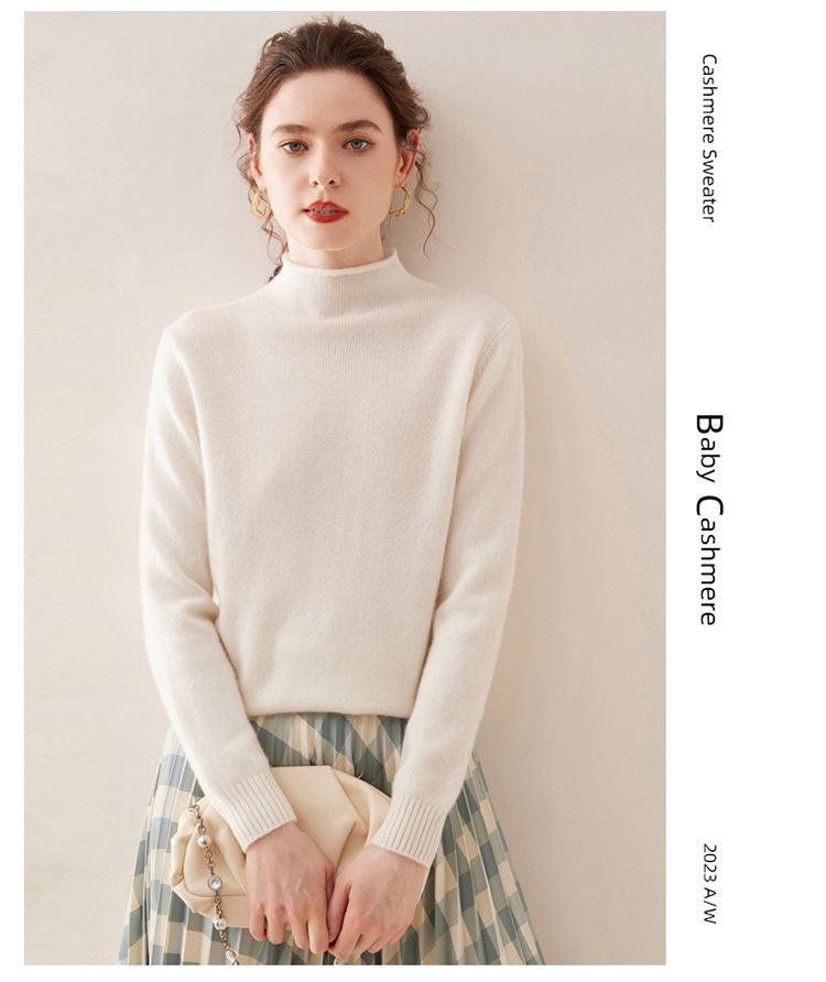 Autumn-Winter Women's Cashmere Sweater: Solid Color, Half High Roll Neck, Seven Stitches, Double Strand, Thickened Design