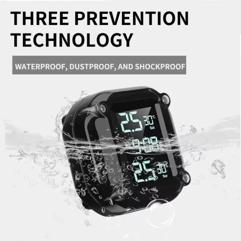 Motorcycle Wireless TPMS, Real-Time Tire Pressure Temperature Monitor, Waterproof LCD Display with External Sensors
