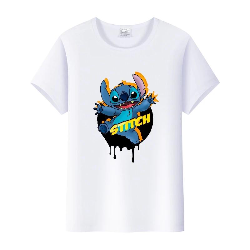 Kawaii Disney Cartoon Blouse Lilo Stitch Love Top Summer Short Sleeve 90S T-shirts White Shirt Kids Tees Woman Plus Size Clothes