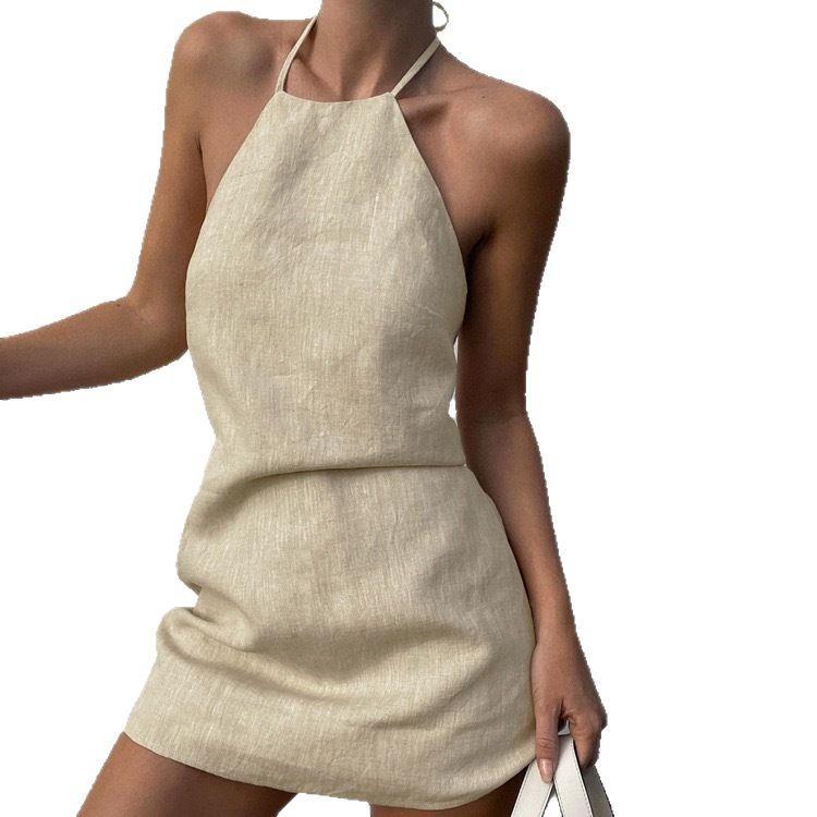 Cotton And Linen Dress With Exposed Back, Sexy And Spicy Girl, Hanging Neck And Tie Up A-line Skirt