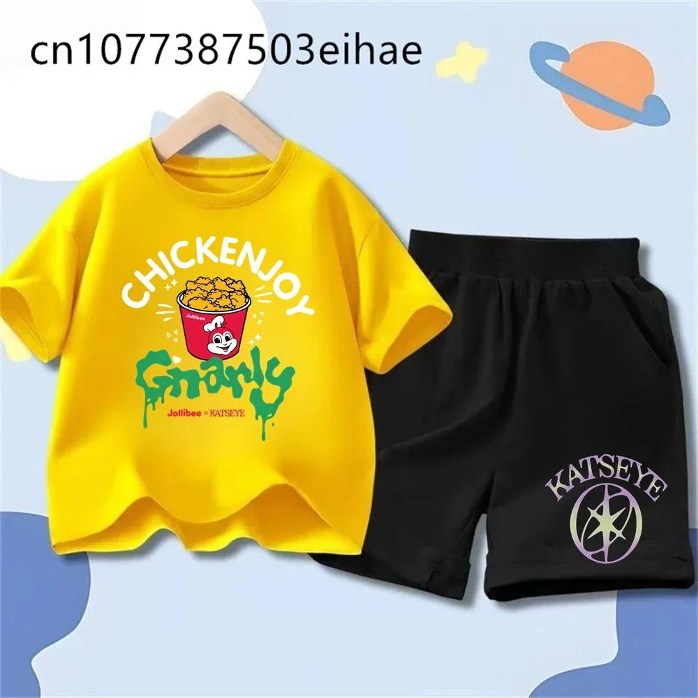 Katseye Girl Group Printed T-shirts Children's Clothing Girls Boys Summer Round Neck Short Sleeve T-shirt Shorts Set Soft