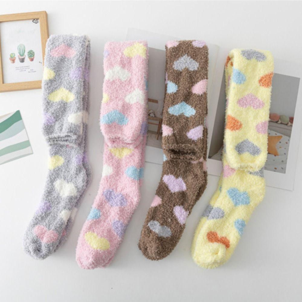 Heart Coral Fleece Stockings Thicken Warm Long Tube Socks Creative Floor Plush Stockings Autumn