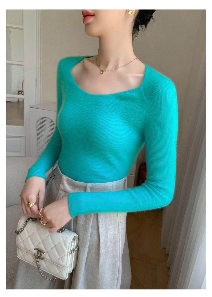 Women's Slimming Off-Shoulder Cashmere Knit Top - Round Neck, Ribbed, Elegant Wool Sweater