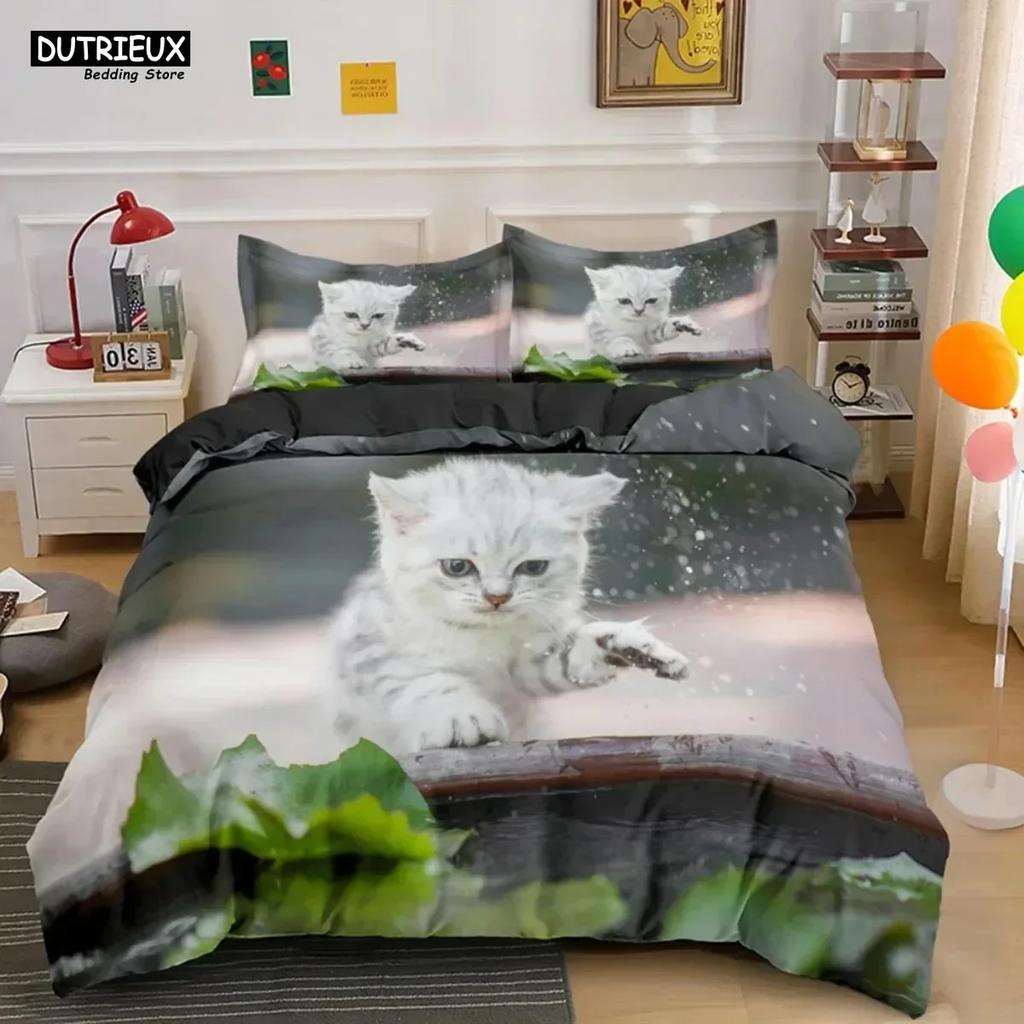 Luxury New 3D Print Cute Baby Cat Bedding Set White Black Kitten Bed Linen Single Double Duvet Cover Kids Girls Dogs Room Decor