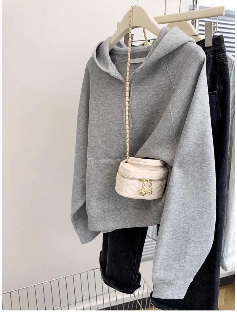 Women's Gray Half-Zip Hooded Sweatshirt - Autumn/Winter 2025 Korean Style Casual Loose Fit Pullover Top
