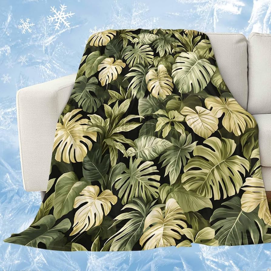 Coperta Plaid Verde Tropicale con Foglie Palma Monstera in Pile per Divano Letto Tema Festivo Accogliente Morbida Coperta Decorativa Regalo Caldo